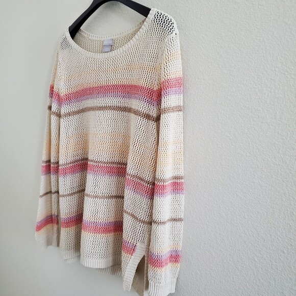 Chico's Women's Sweater XXL Multicolor Open Knit Striped Coastal Boho Minimalist - Picture 5 of 8